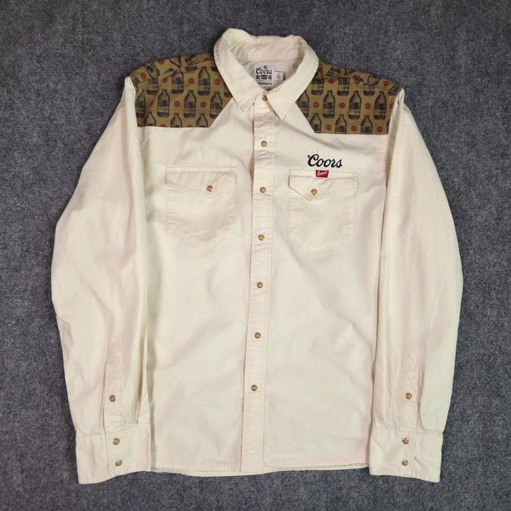 Huckberry Coors Banquet Western Shirt Men XL Cream Beer Bottle Print Yokes Snaps